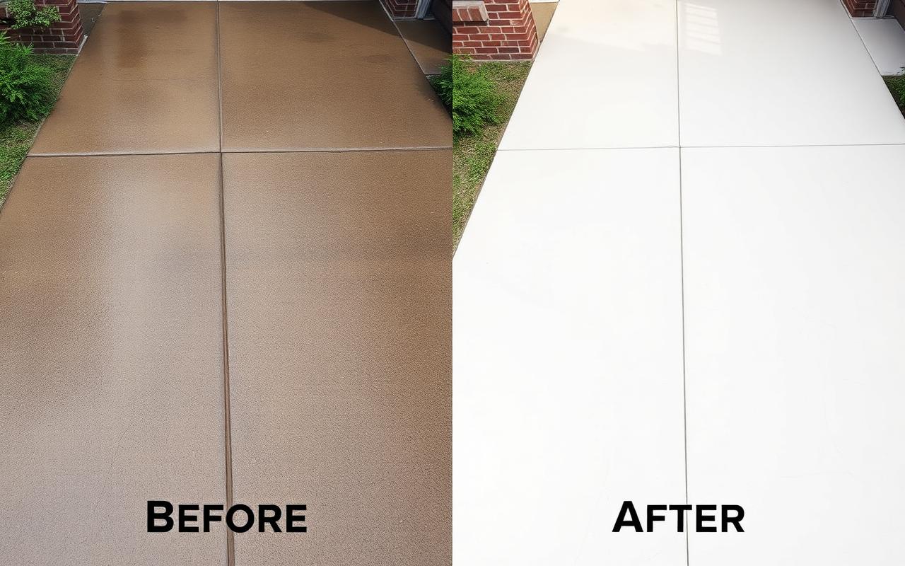Before and after of a stained driveway, brightened to white concrete